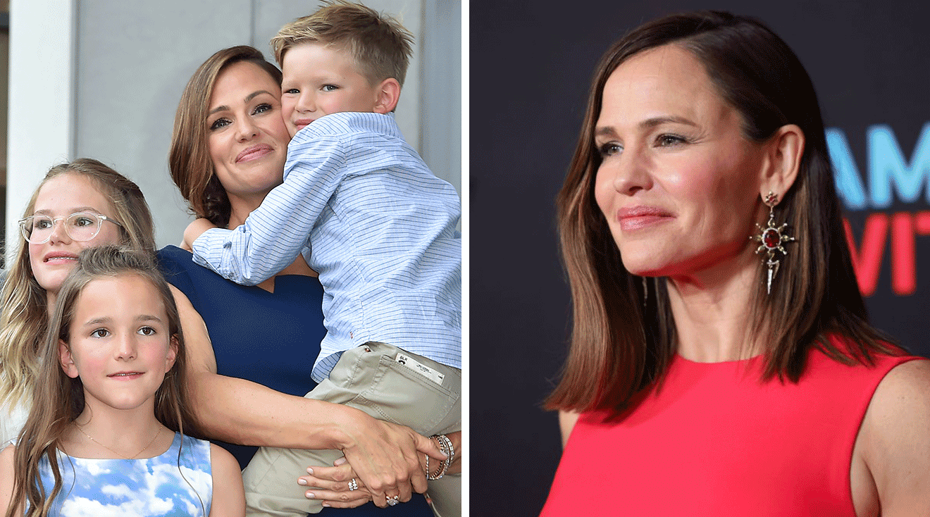 jennifer garner and her children next to a headshot of jennifer garner on the red carpet