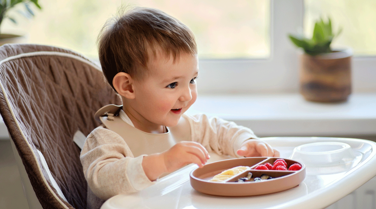 baby eating a snack in high chair at home