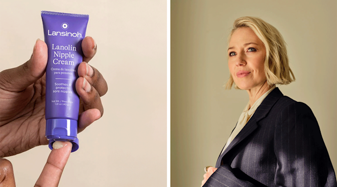 Side by side collage of lansinoh nipple cream and Carrie Coon, actor in the HBO series, 'The White Lotus' portrait at Four Seasons Hotel Los Angeles At Beverly Hills