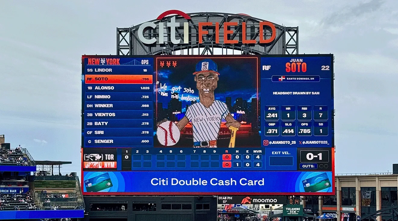 NY mets player portrait drawn by a kid on the jumbotron at the mets game