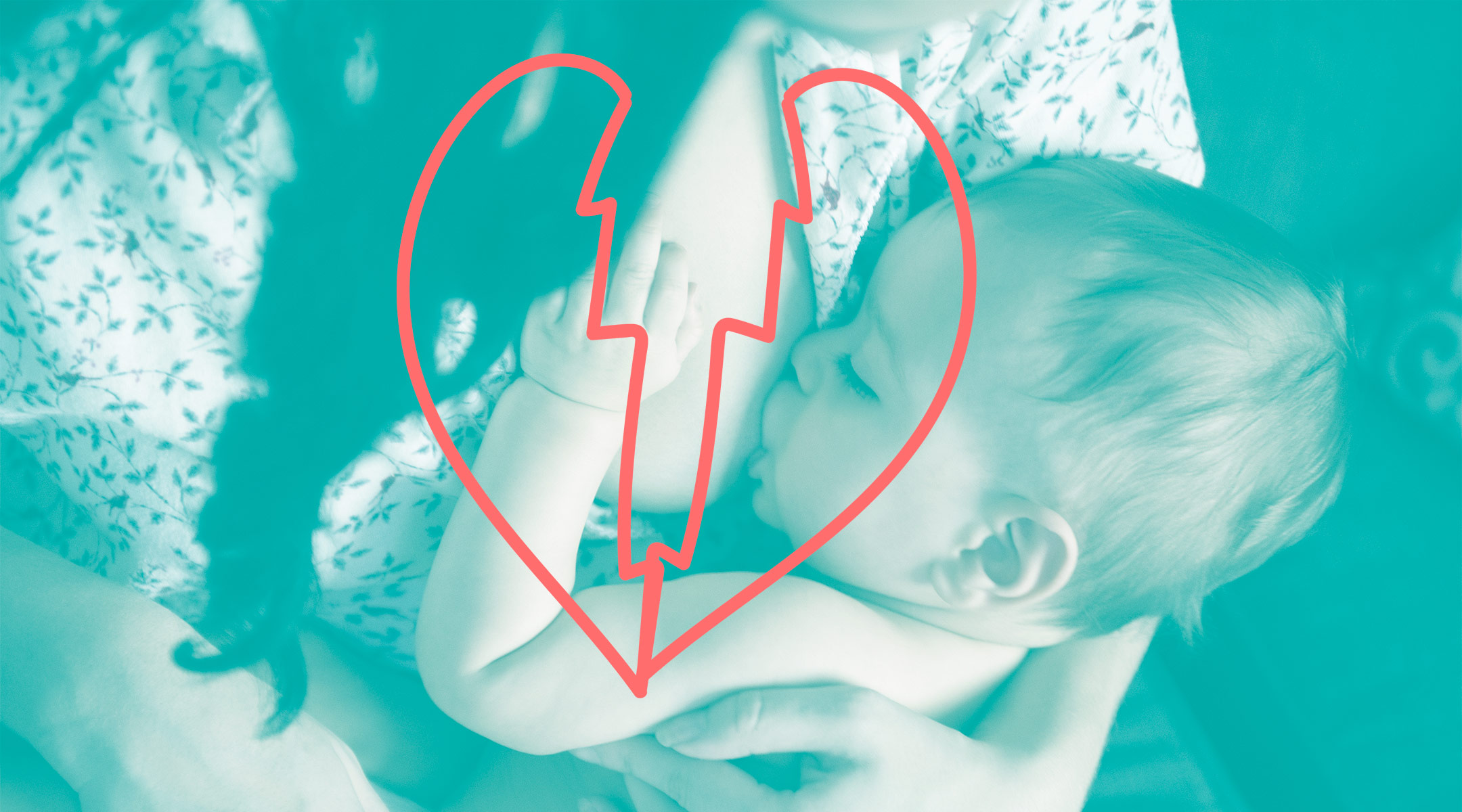 blue filter gradient photo treatment over image of mom breastfeeding with a broken heart illustration overlay