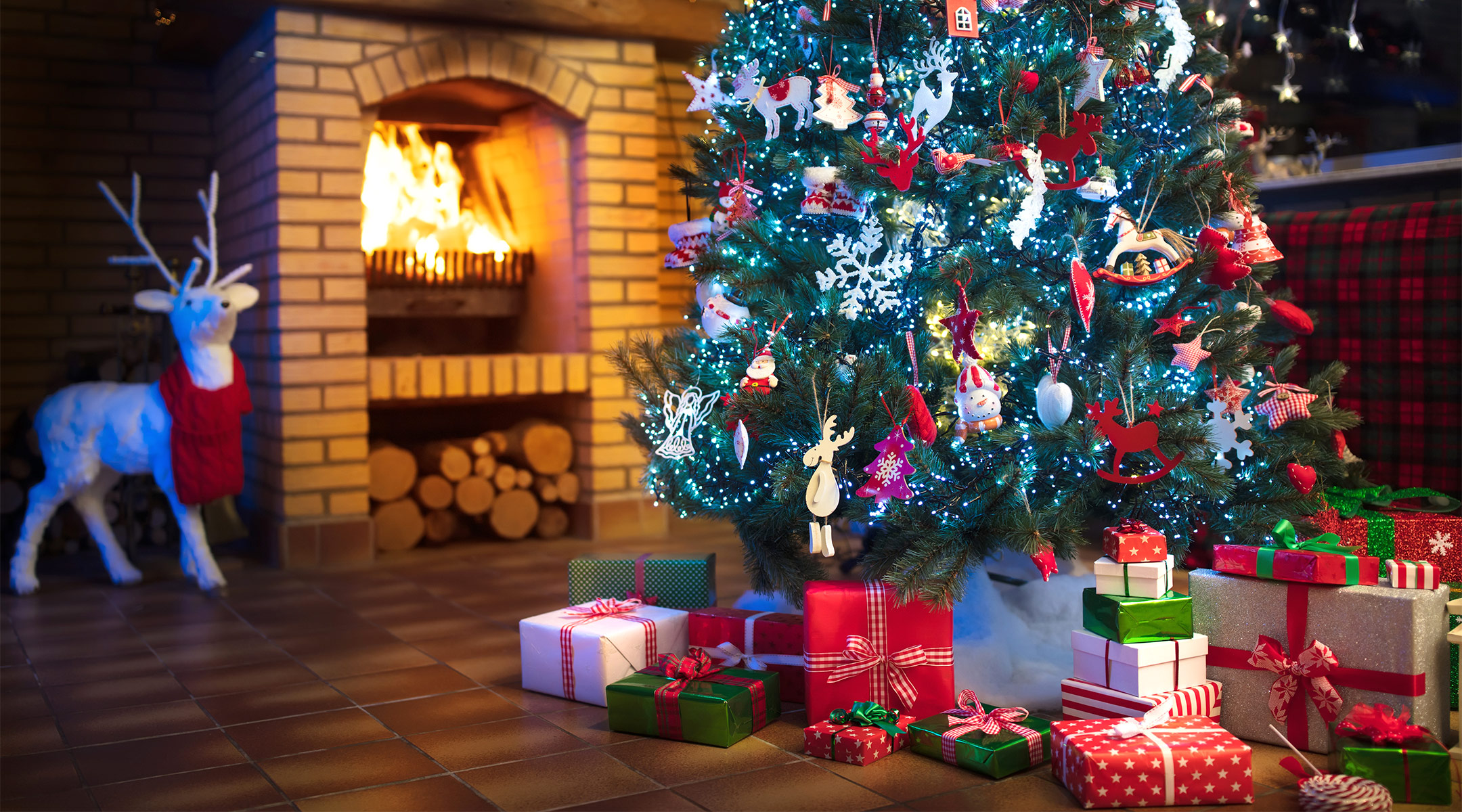 town celebrates christmas early, interior setting decorated with tree for Christmas