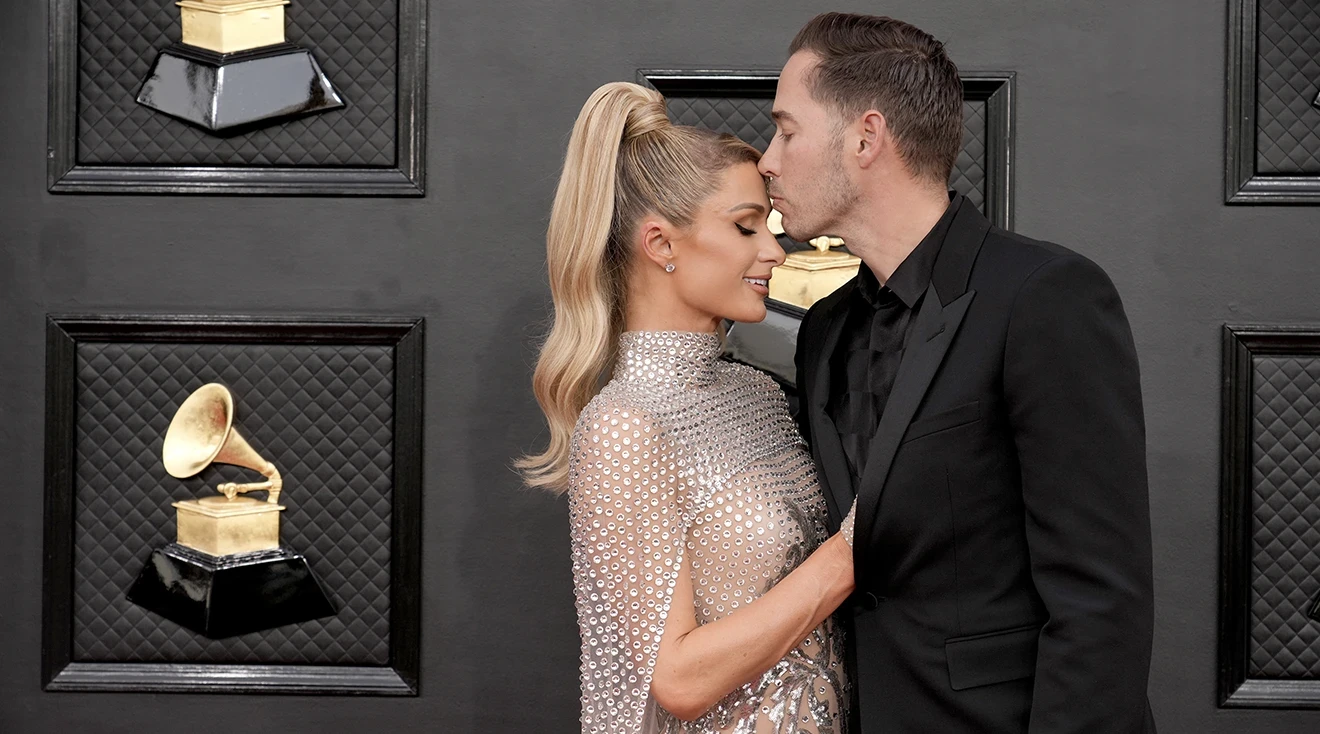 Paris Hilton and Carter Reum attend the 64th Annual GRAMMY Awards at MGM Grand Garden Arena on April 03, 2022 in Las Vegas, Nevada