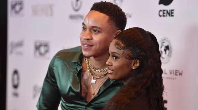 Rotimi and Vanessa Mdee attend a red carpet screening of "For The Love of Money" at Regal Atlantic Station on November 03, 2021 in Atlanta, Georgia