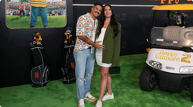 Jon Bouffard and Alexandra Bouffard attend the Happy Gilmore 2 World Premiere at Jazz at Lincoln Center on July 21, 2025 in New York City
