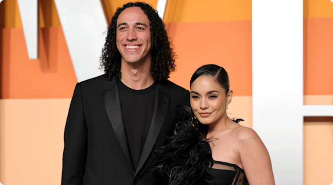Cole Tucker and Vanessa Hudgens attend the 2025 Vanity Fair Oscar Party Hosted By Radhika Jones at Wallis Annenberg Center for the Performing Arts on March 02, 2025 in Beverly Hills, California