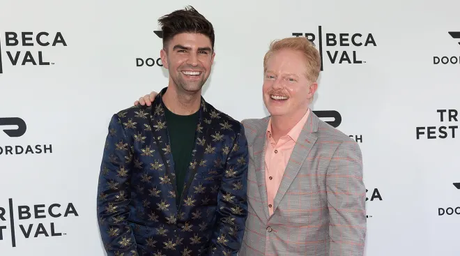 Justin Mikita and Jesse Tyler Ferguson attend the premiere of "Broadway Rising" during the 2022 Tribeca Festival at SVA Theatre on June 13, 2022 in New York City