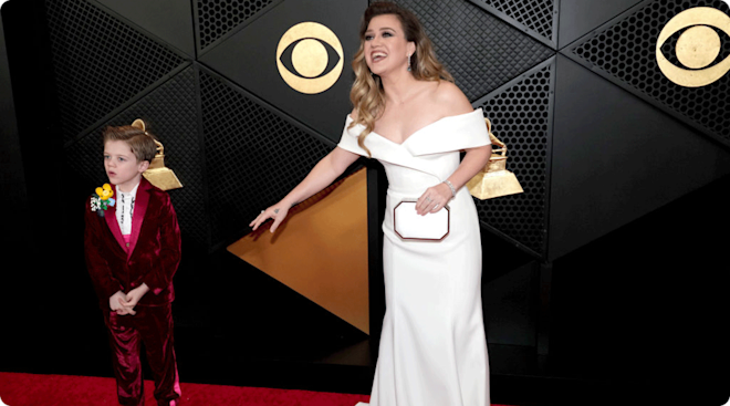 Kelly Clarkson and son Remington "Remy" Alexander attend the 66th GRAMMY Awards at Crypto.com Arena on February 04, 2024 in Los Angeles, California