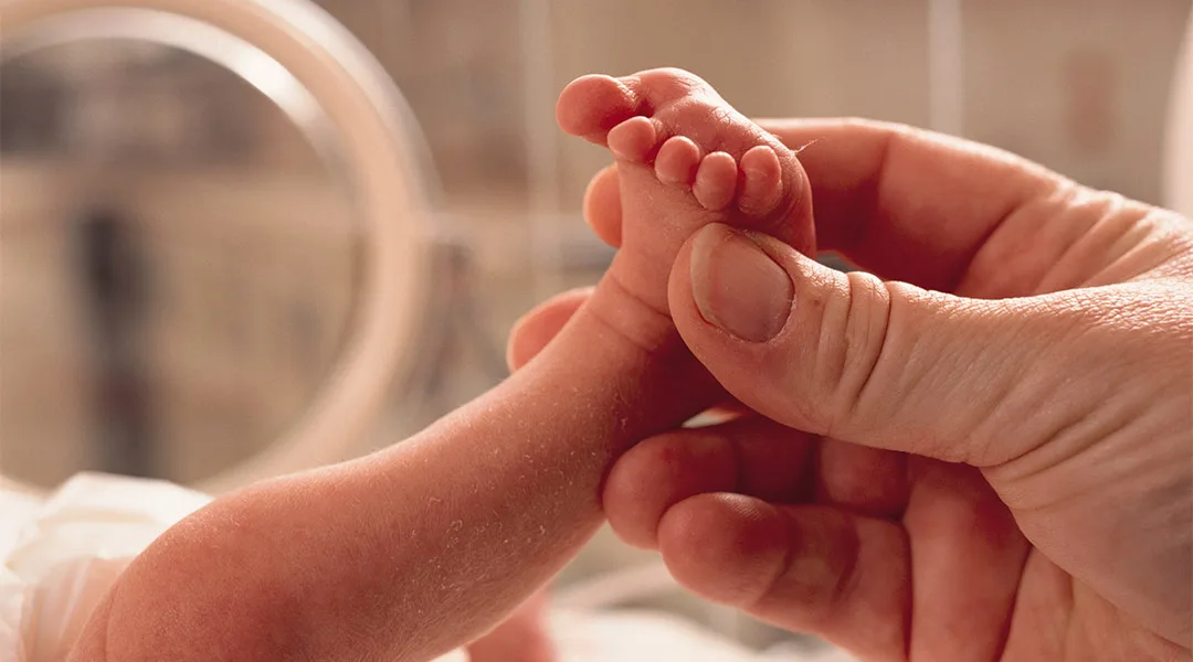 hand holding preemie foot in the nicu
