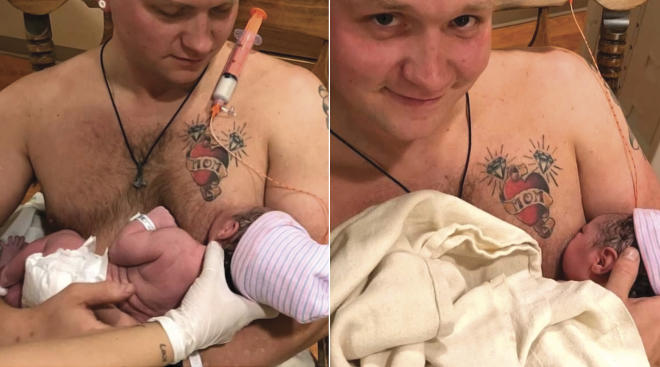 new dad breastfeeding his newborn baby