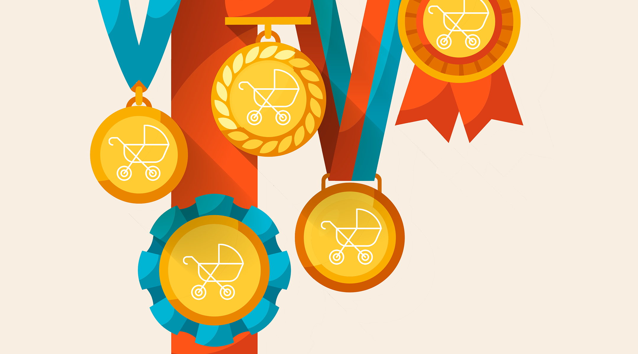 5 illustrated medals with stroller icon on each