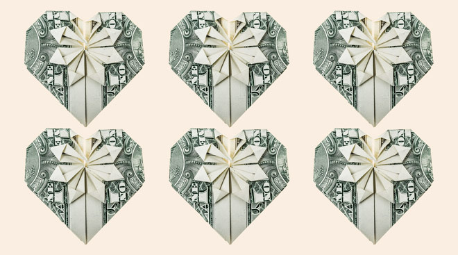 money folded into the shape of hearts