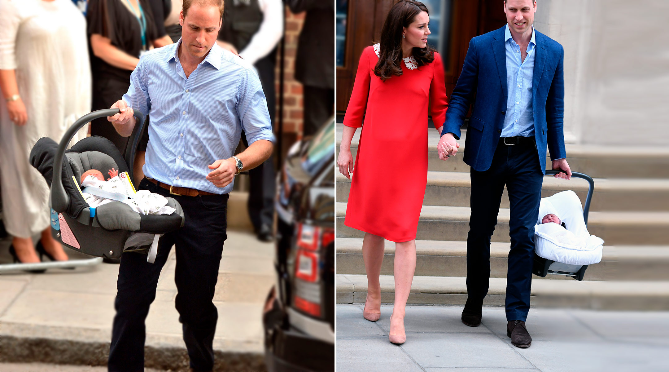 kate middleton and prince william side by side photo of george in car seat and new baby in car seat