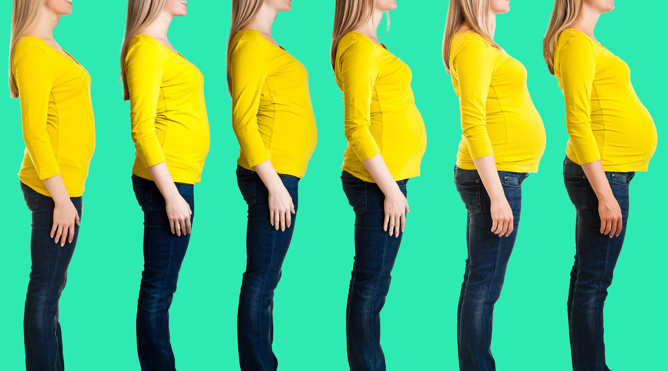 several images of one woman's pregnancy progression over time