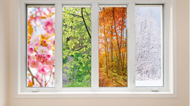 four windows that each show characteristics of the four seasons