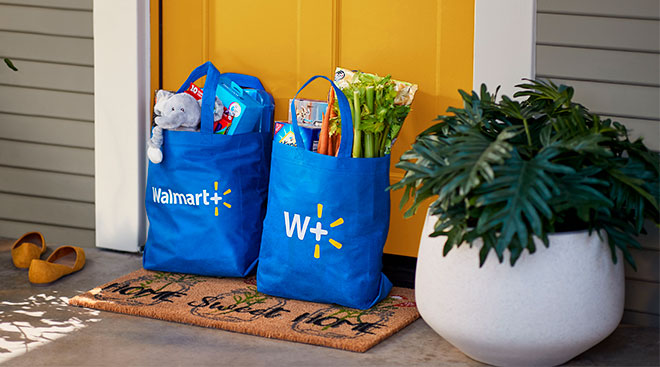walmart bags in front of door, showing their new membership program