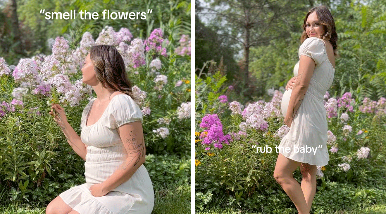 toddler directing maternity photos for mom outside