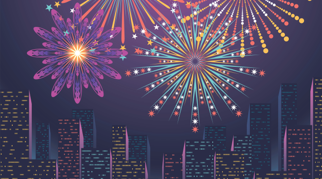 illustration of fireworks over a city 