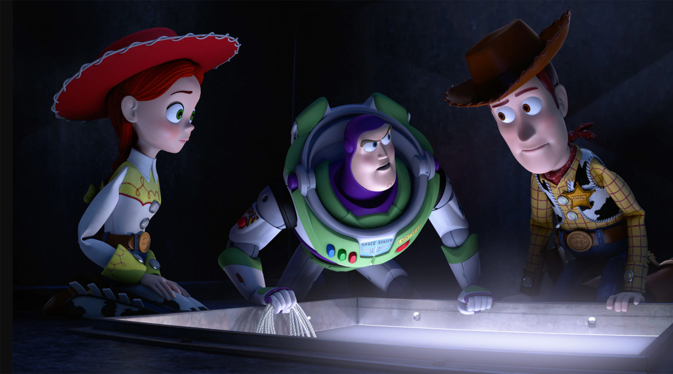 toy story four characters, buzz, woody and jessie look worried