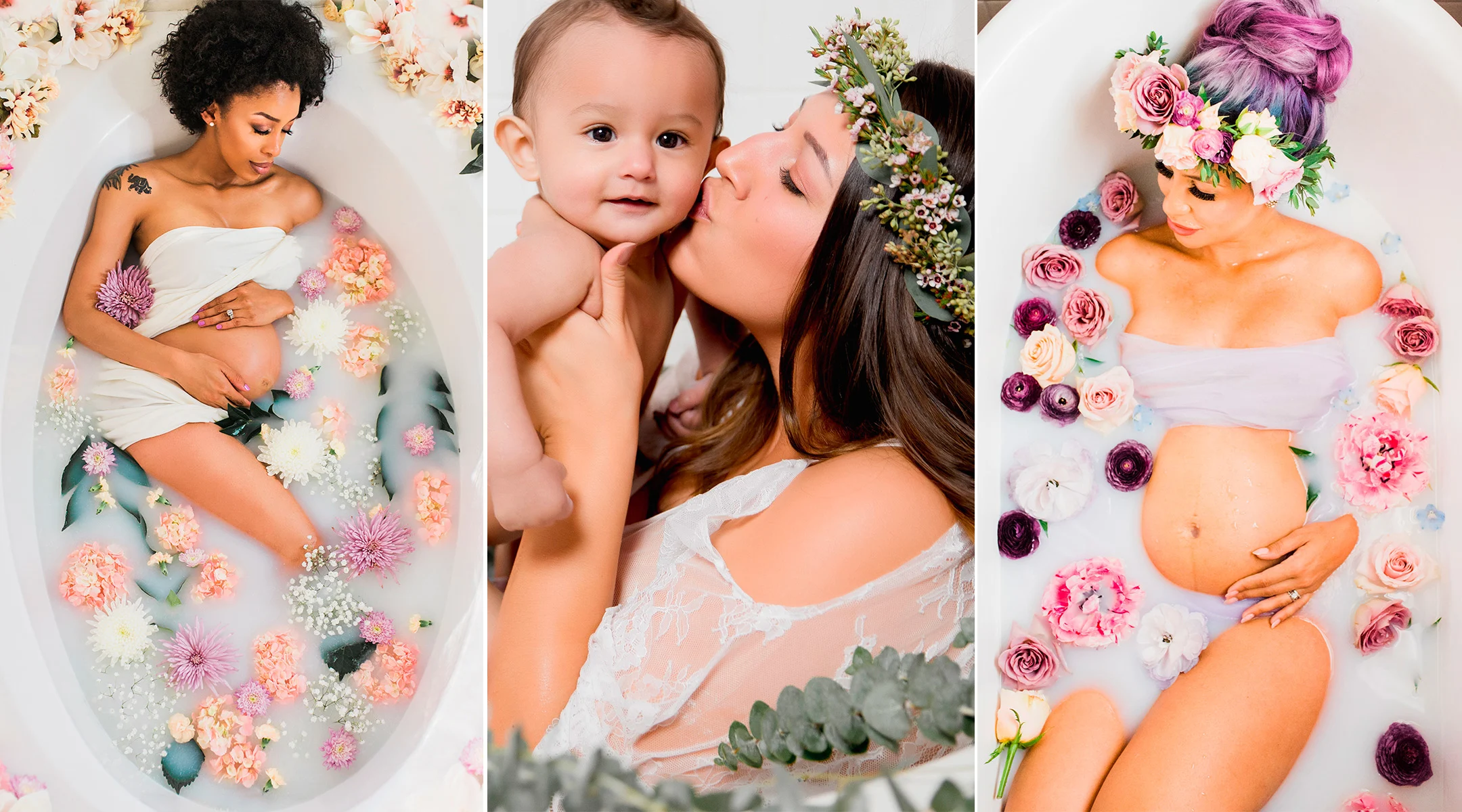 women posing milk baths and florals