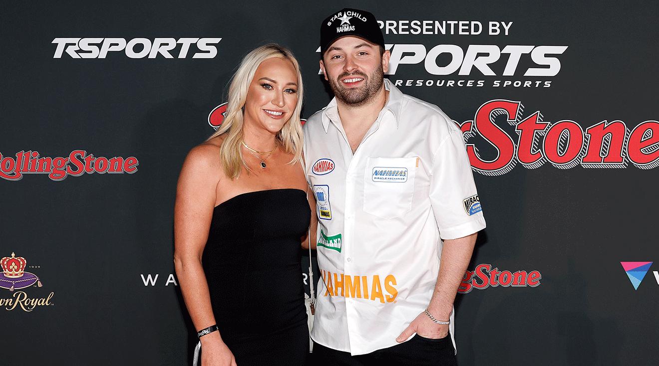 Emily Wilkinson and Baker Mayfield attend the 2023 Rolling Stone Super Bowl Party at The Clayton House on February 10, 2023 in Scottsdale, Arizona