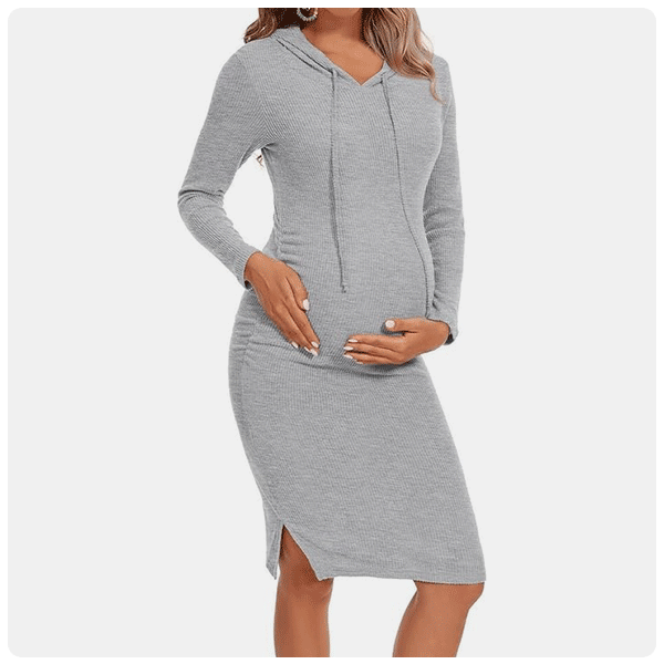 Wooxio Long Sleeve Knit Hoodie Dress with Ruched Side