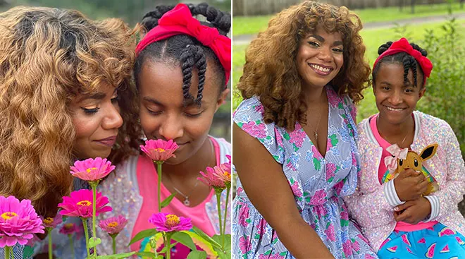 mom posing with her daughter in spring-time outdoor setting