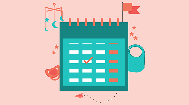 Illustration of calendar with baby accessories surrounding it. 