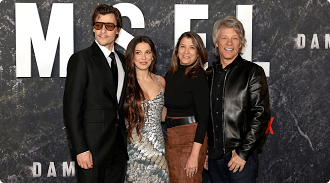 Jake Bongiovi, Millie Bobby Brown, Dorothea Hurley, and Jon Bon Jovi attend the Damsel World Premiere at The Plaza on March 01, 2024 in New York City