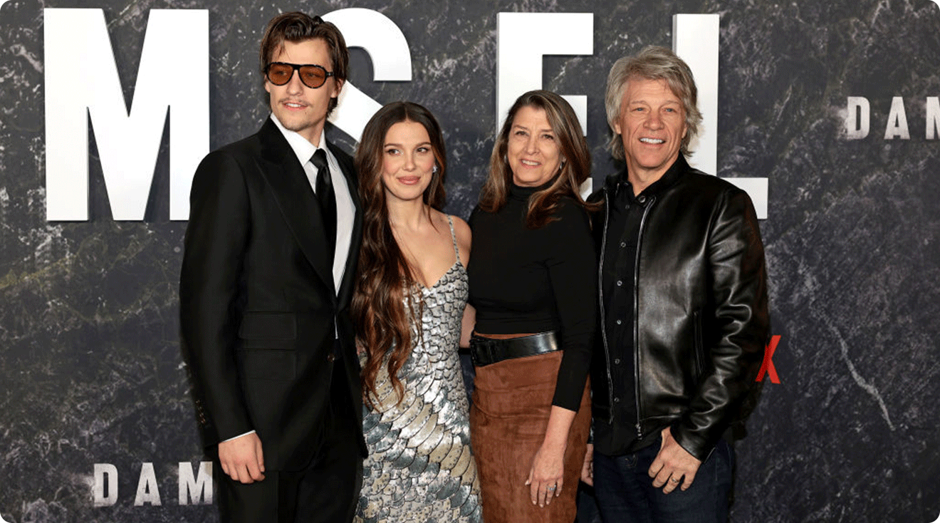 Jake Bongiovi, Millie Bobby Brown, Dorothea Hurley, and Jon Bon Jovi attend the Damsel World Premiere at The Plaza on March 01, 2024 in New York City