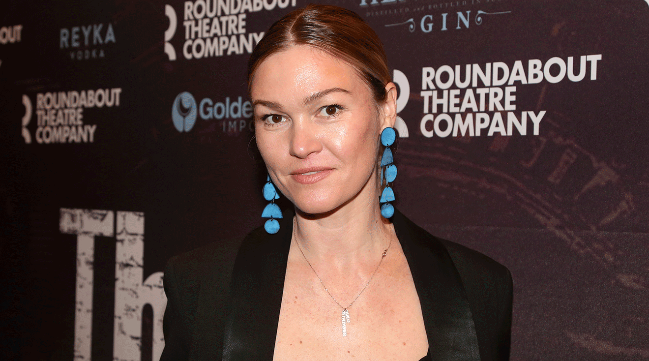 Julia Stiles poses at the opening night of the Roundabout Theater Company's production of the new play "The Wanderer's" at The Laura Pels Theatre on February 16, 2023 in New York City