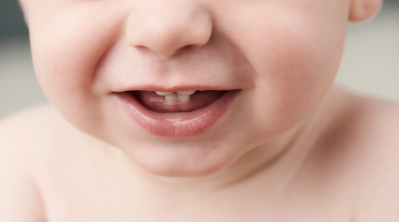 close up of baby smiling showing teeth