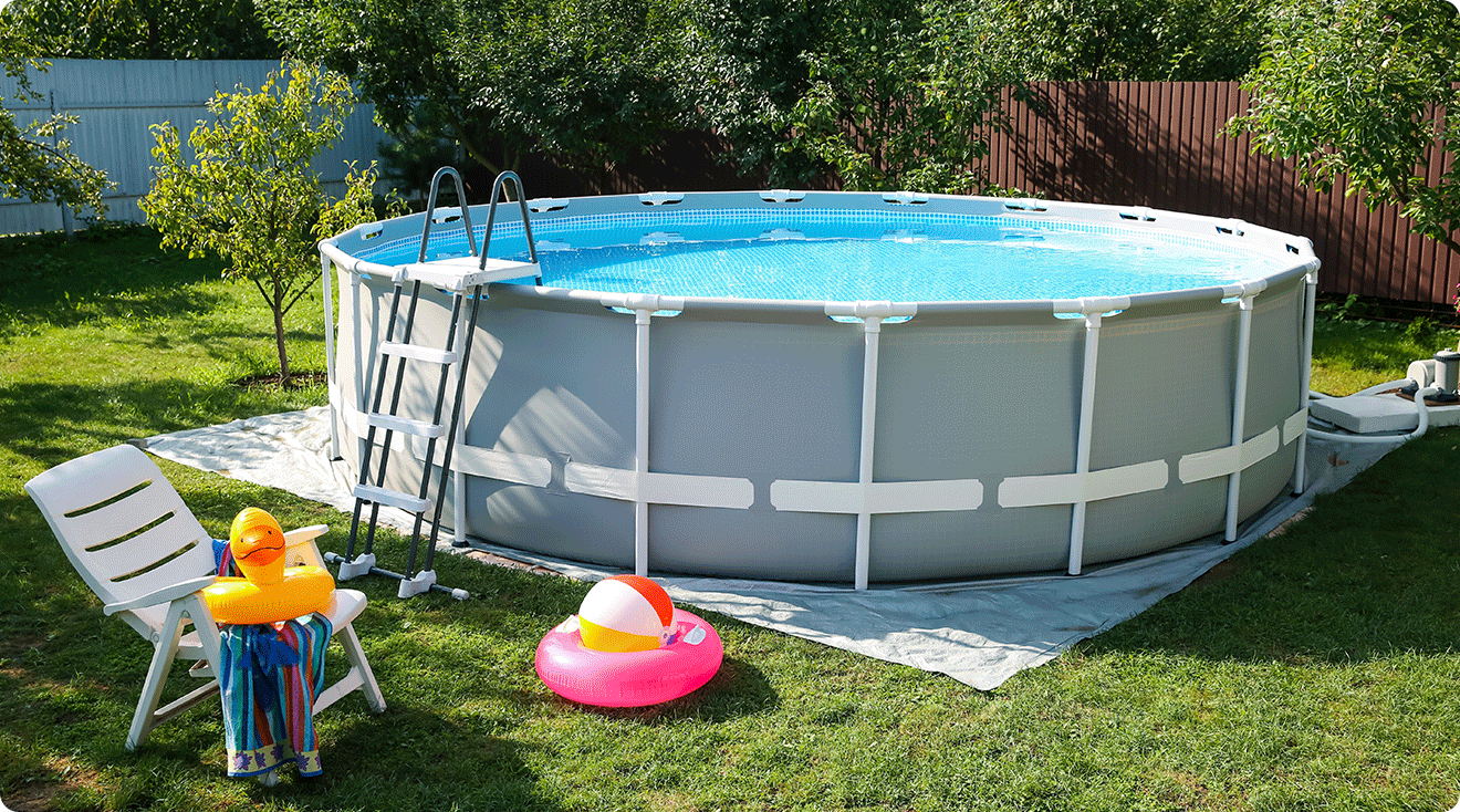 above ground swimming pool in backyard