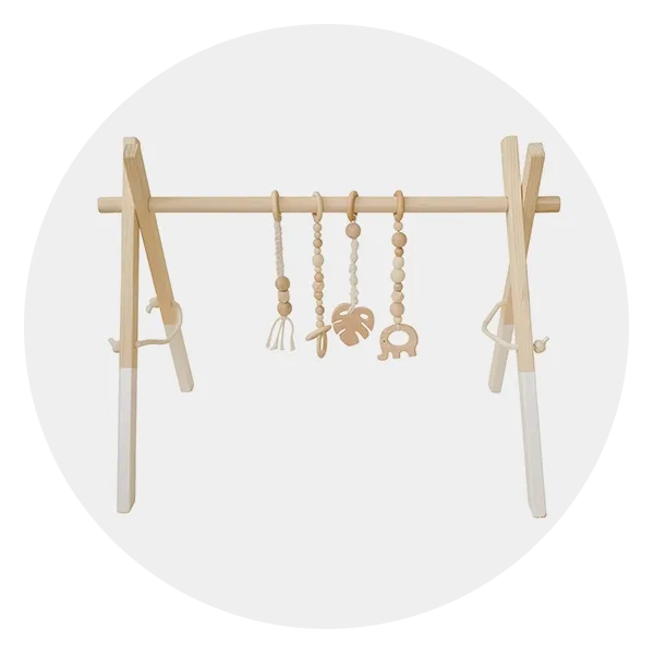 Poppyseed Play Wooden Baby Gym + White Toys
