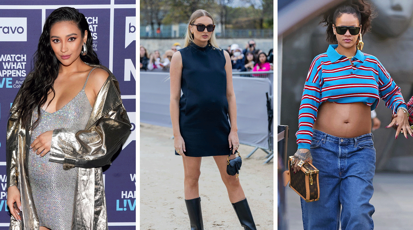 pregnant shay mitchell, pregnant romee strijd, and pregnant rihanna maternity fashion trends