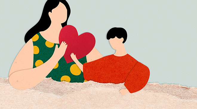 illustration of a mom and child holding a heart