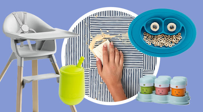 collage of must-haves for starting solids with baby