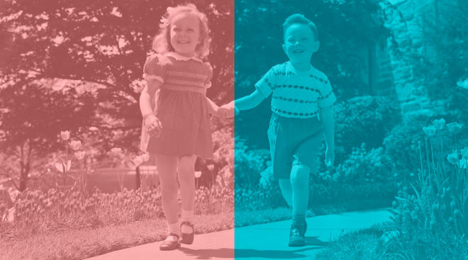 1950s retro image of a little girl and a boy with pink and blue overlays