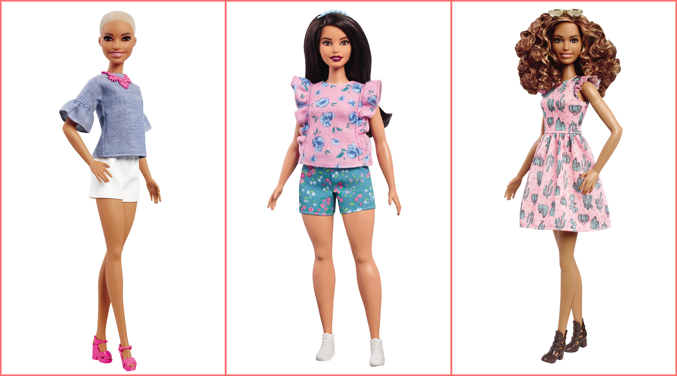 three different barbie dolls standing