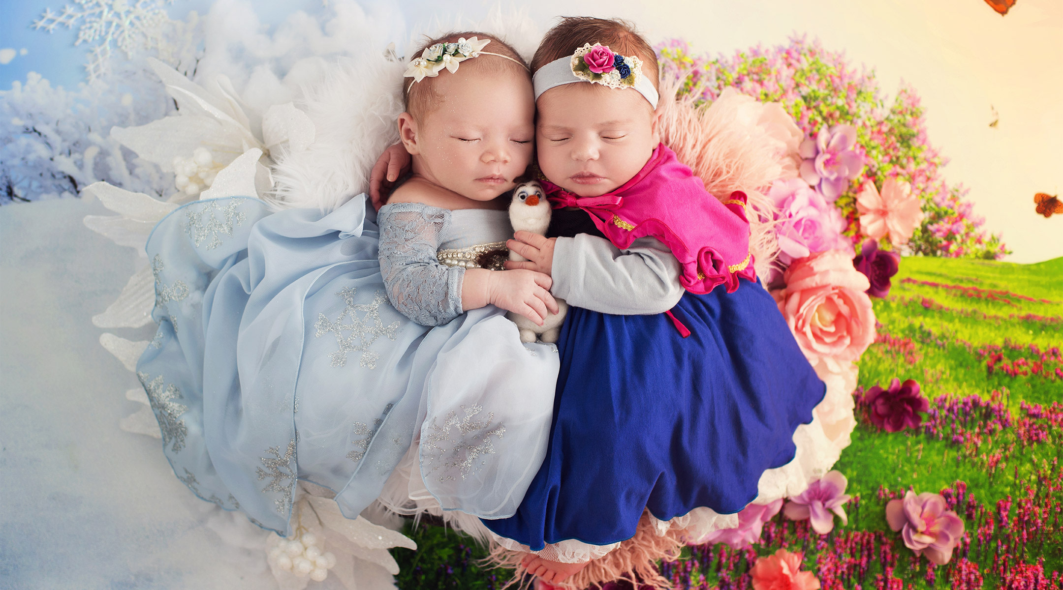 newborns dressed as frozen characters, anna and elsa.