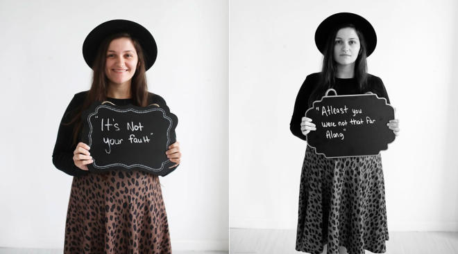 women hold signs with positive and negative messages surrounding their miscarriages 