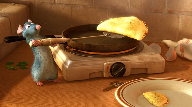 ratatouille character from pixar movie, cooking an omlete