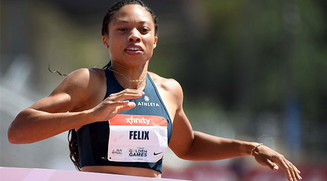 Track athlete Allyson Felix running a race.