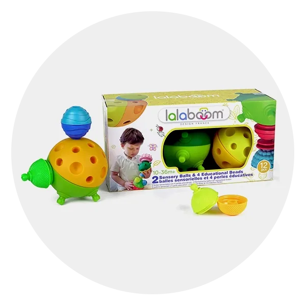Lalaboom 3 Large Sensory Balls and 12 Piece Baby Toddler Beads
