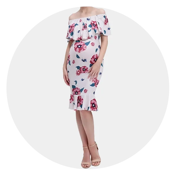 Maternity Floral Cold Shoulder Dress with Train - Blue