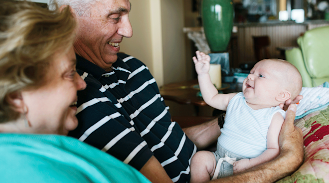 grandparents babysitting baby at home