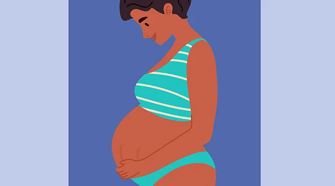 Illustration of pregnant woman in her underwear looking at her stomach