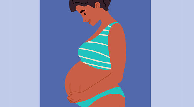 Illustration of pregnant woman in her underwear looking at her stomach