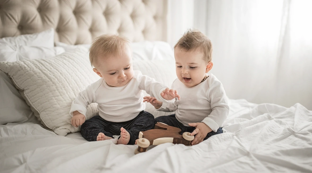 baby twin boys playing with a toy on bed at home