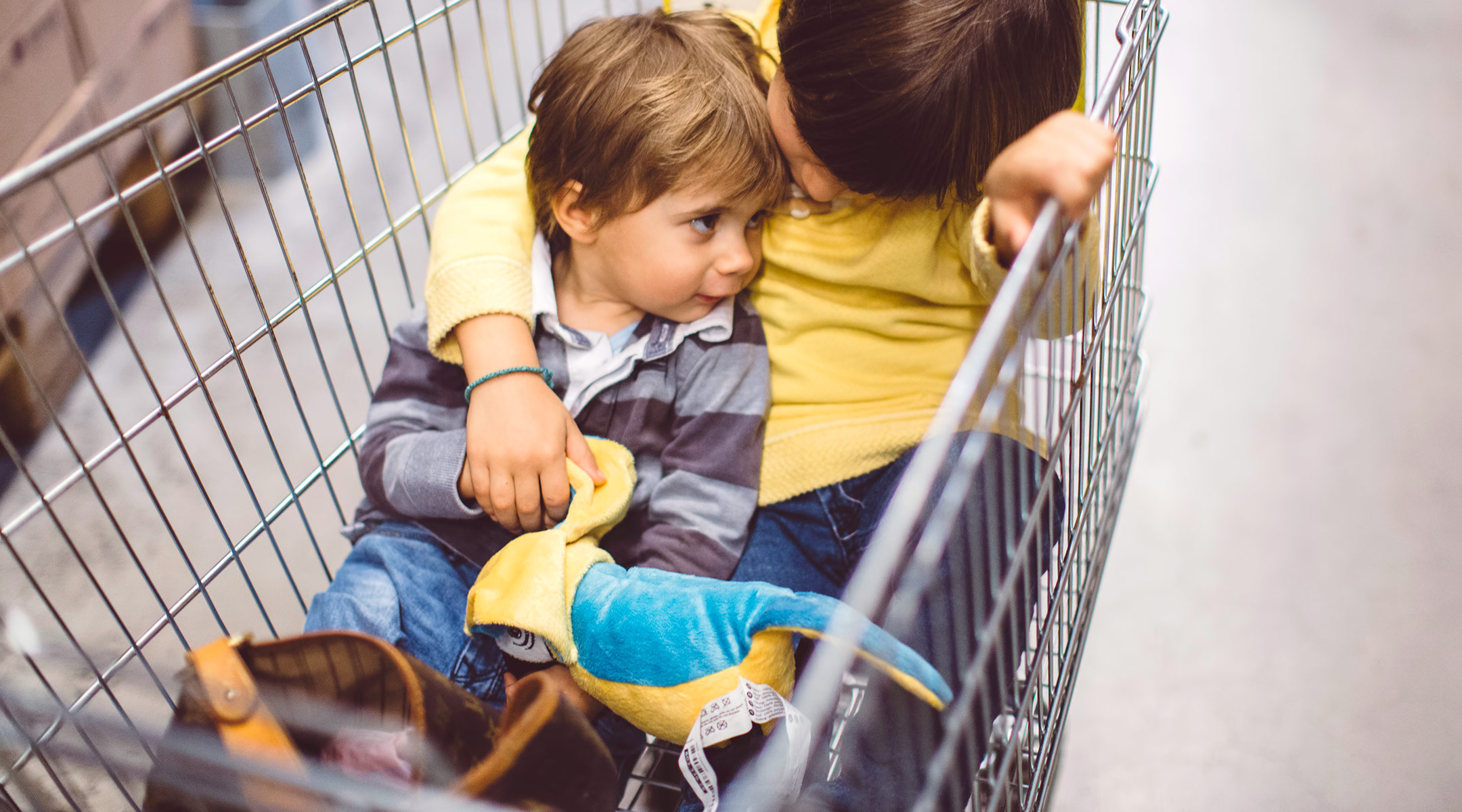 two young boys in shopping cart at big box store
